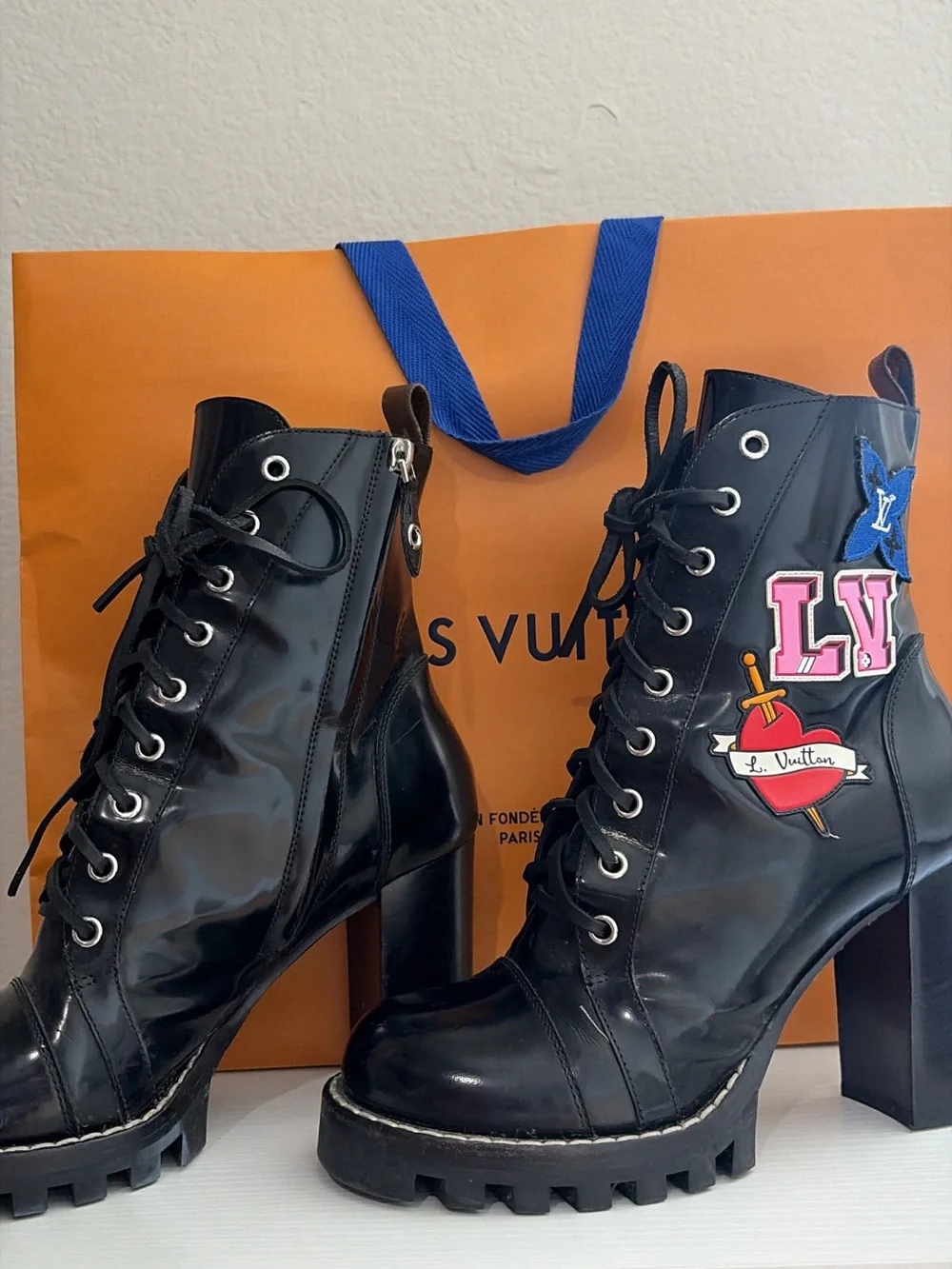 Louis Vuitton Black Patent Lace-Up Platform Ankle Boots with Patch Accents